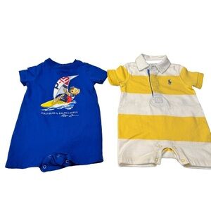 Ralph Lauren Baby Boy 2 Rompers 1 Blue W/ Polo Bear 1-Yellow/ White Sz 3 Mos